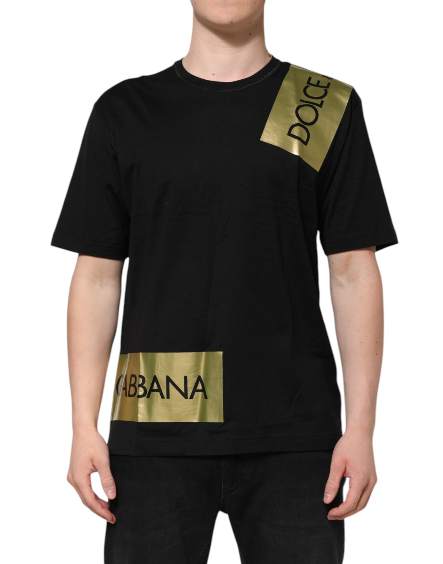 Dolce &amp; Gabbana Schwarzes T-Shirt aus Baumwolle mit Rundhalsausschnitt und Logoband für Herren
