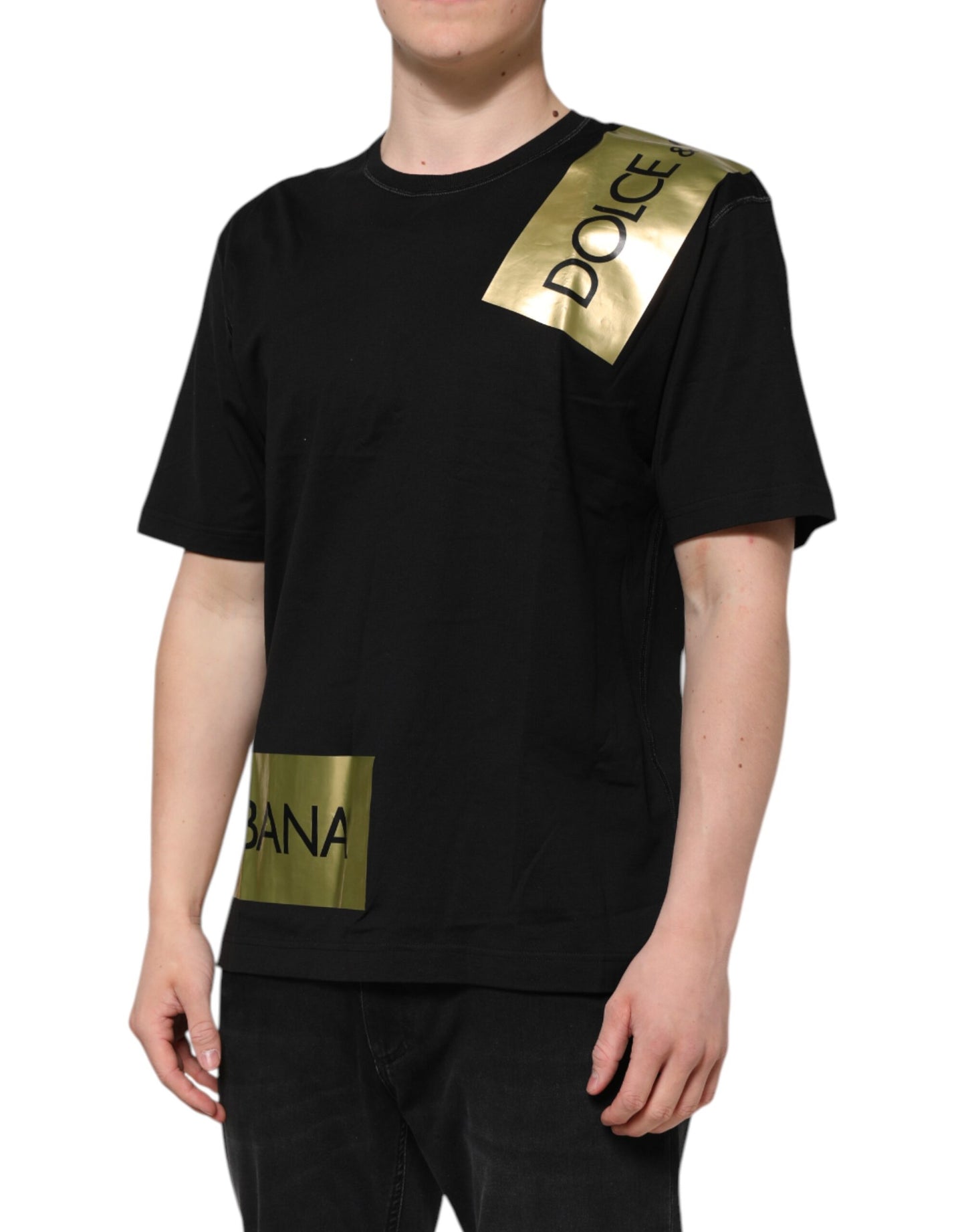 Dolce &amp; Gabbana Schwarzes T-Shirt aus Baumwolle mit Rundhalsausschnitt und Logoband für Herren