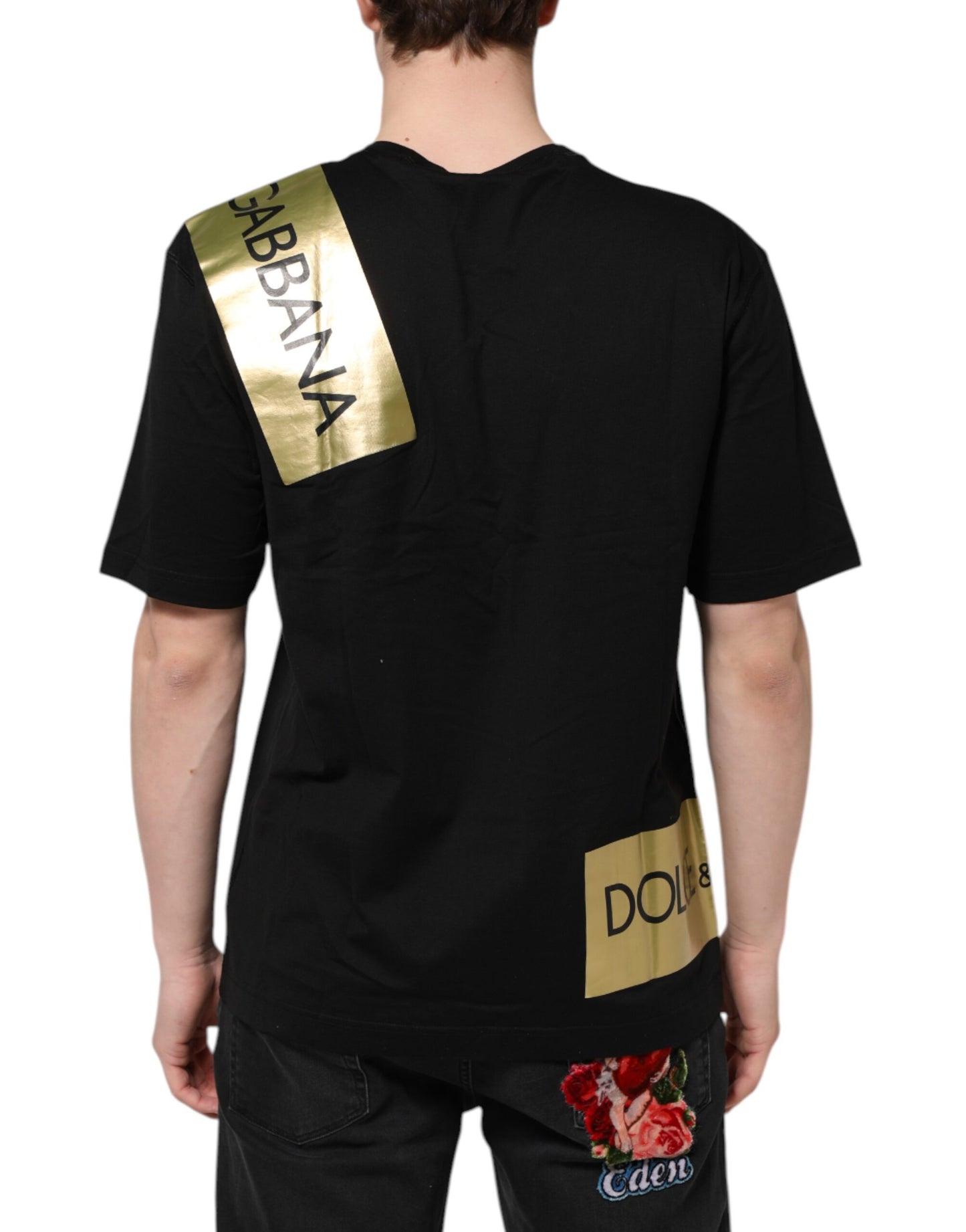 Dolce &amp; Gabbana Schwarzes T-Shirt aus Baumwolle mit Rundhalsausschnitt und Logoband für Herren
