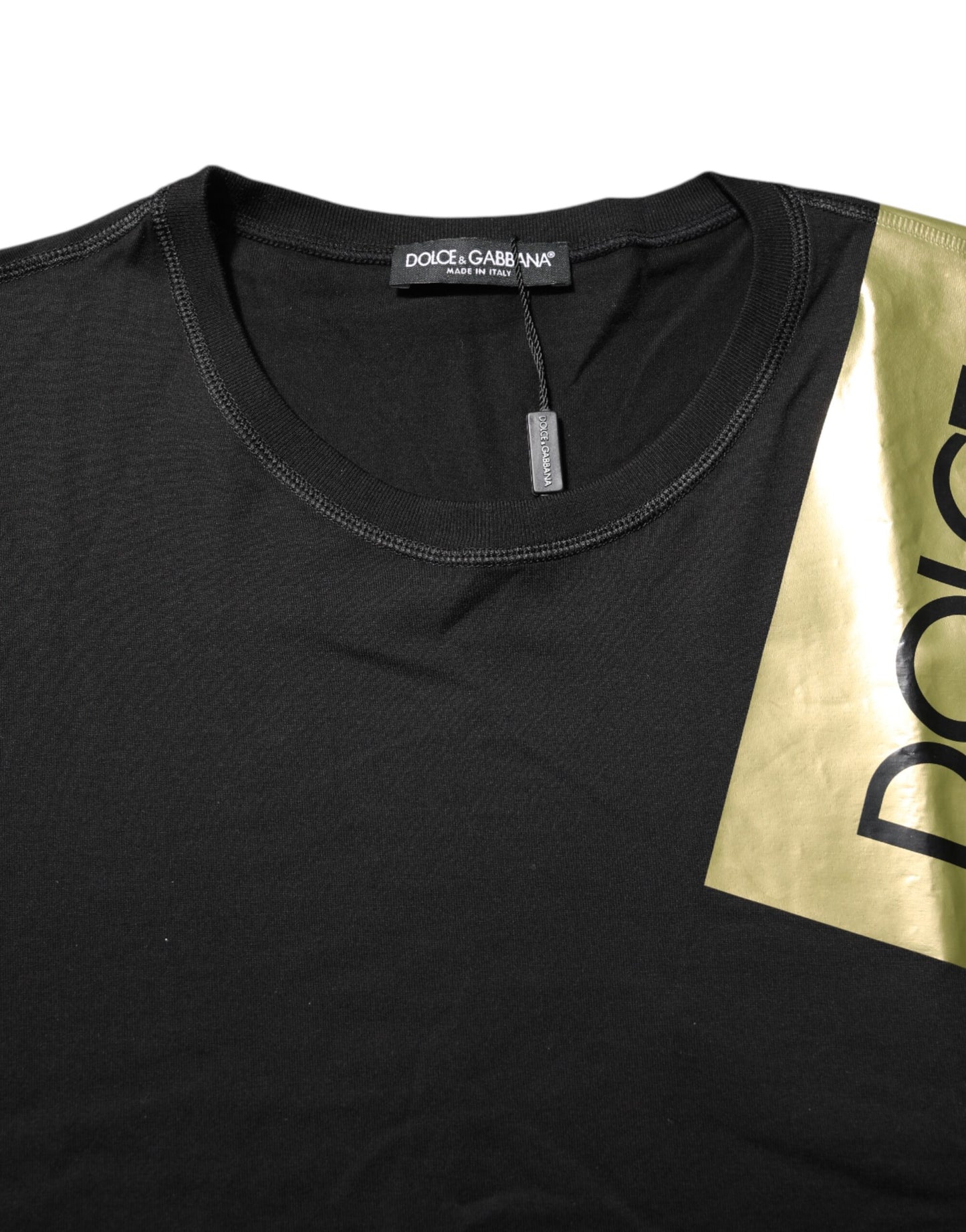 Dolce &amp; Gabbana Schwarzes T-Shirt aus Baumwolle mit Rundhalsausschnitt und Logoband für Herren
