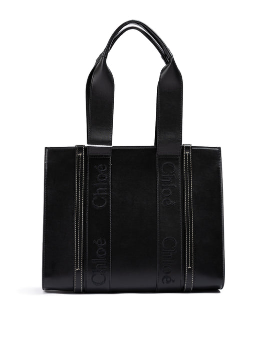 Chloé – Schwarze Woody – Mittelgroße Tragetasche aus Leder mit gesticktem Logo