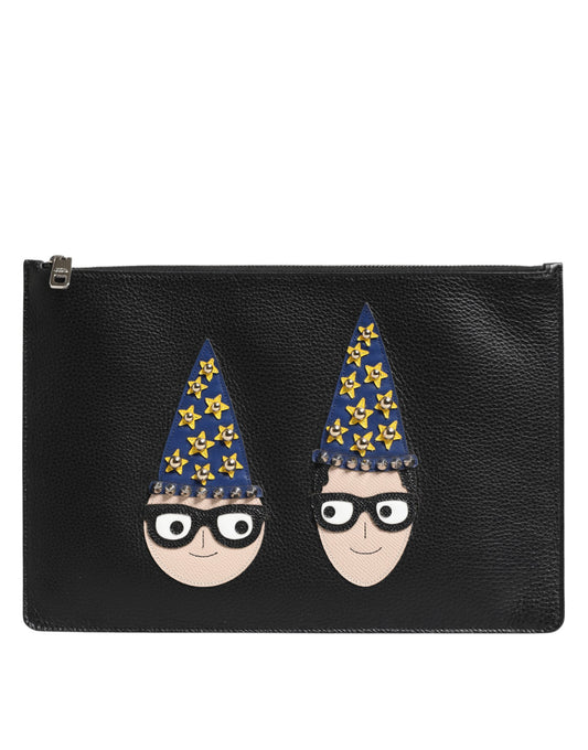 Dolce &amp; Gabbana Schwarzes Leder #DGFAMILY Verzierte Herren Clutch