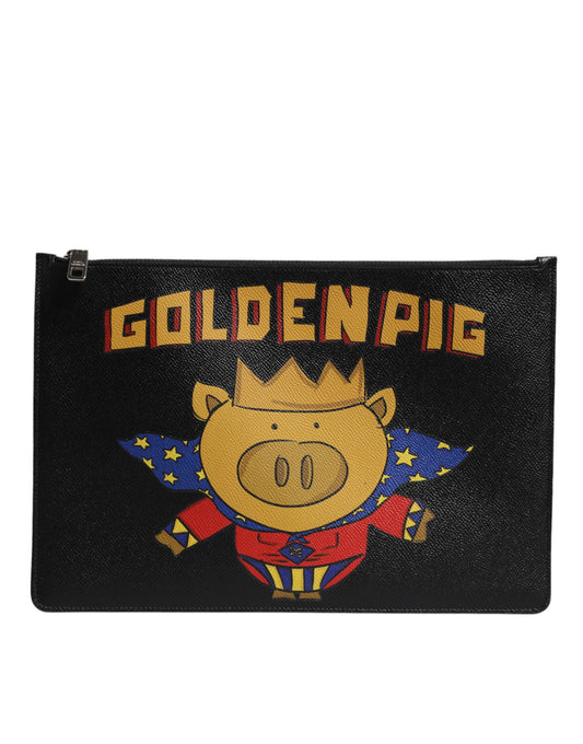 Dolce &amp; Gabbana Schwarzes Leder Golden Pig Print Männer Clutch Beutel Tasche Taschen