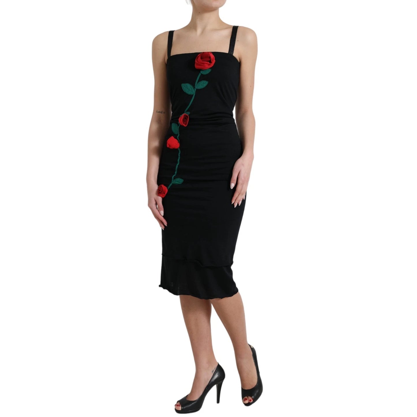 Dolce &amp; Gabbana – Ärmelloses Kleid aus schwarzer Wolle mit Rosenapplikation