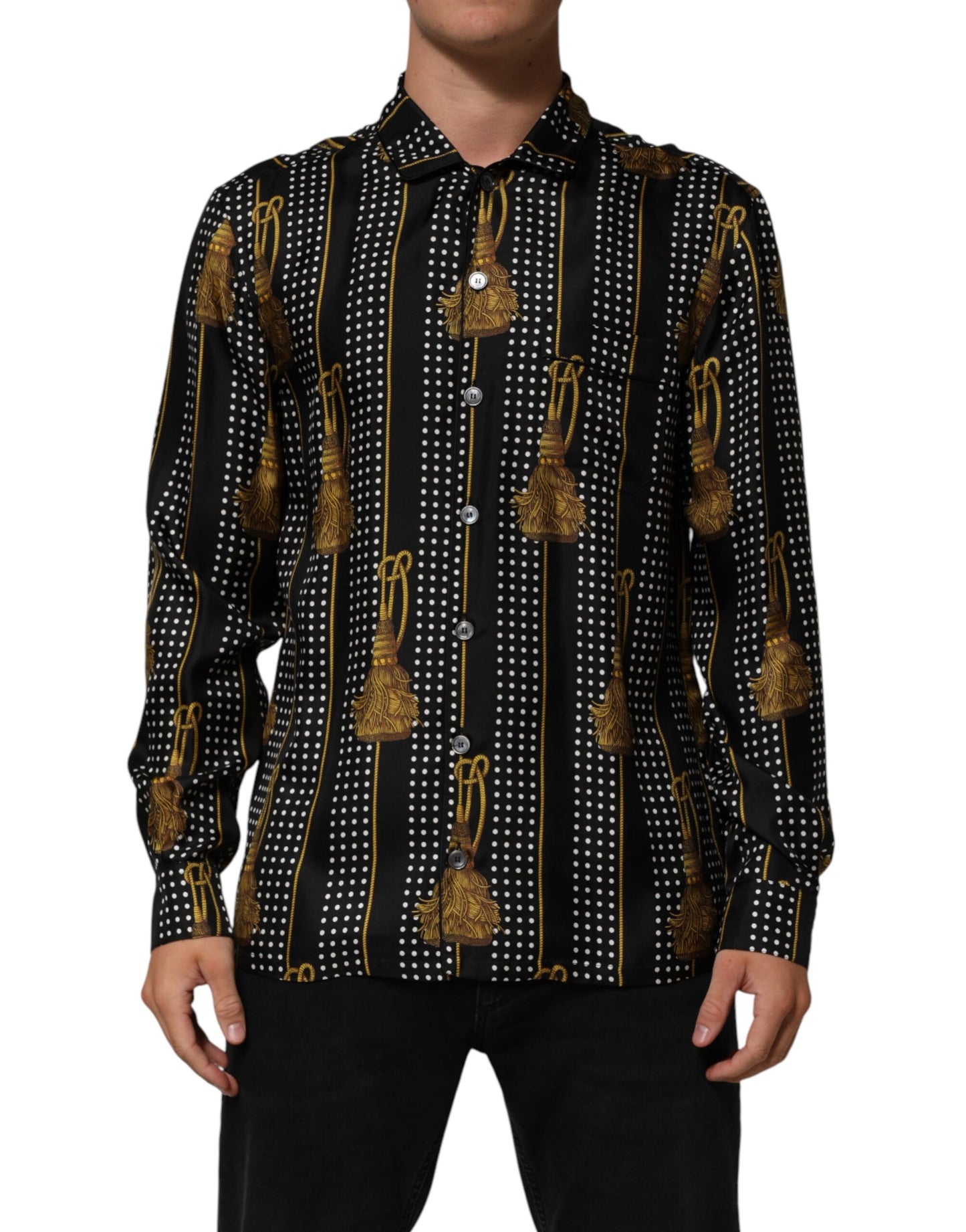 Dolce & Gabbana Black Dotted Tassel Silk Button Down Shirt
